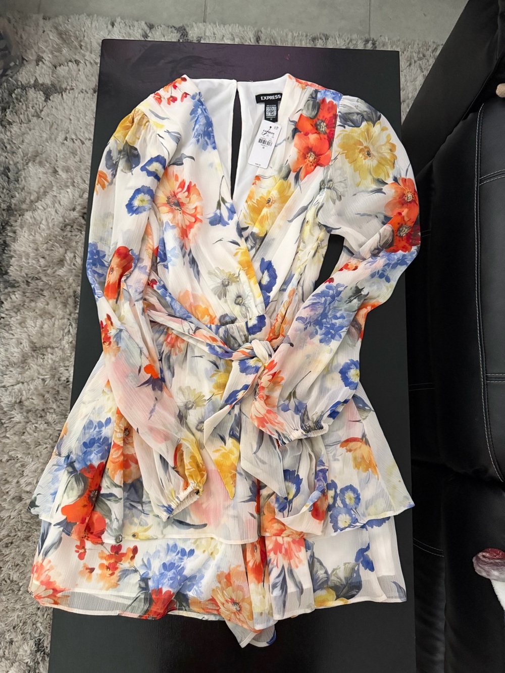 Express White Floral Wrap Romper with Orange & Navy Accents